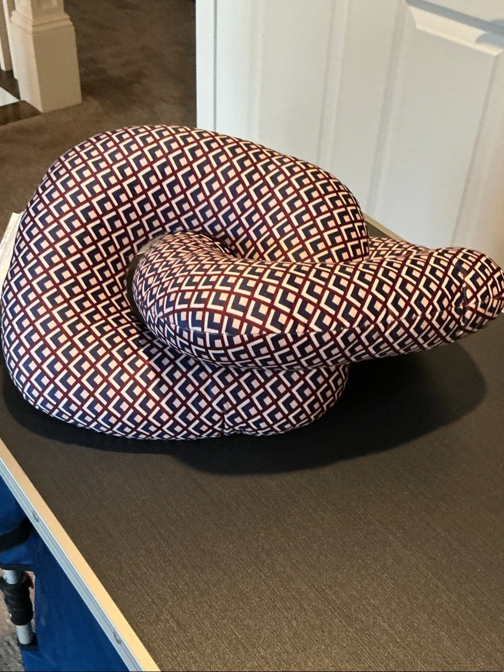 Patterned Throw/Neck Pillow in Navy and White with Burgundy Accents